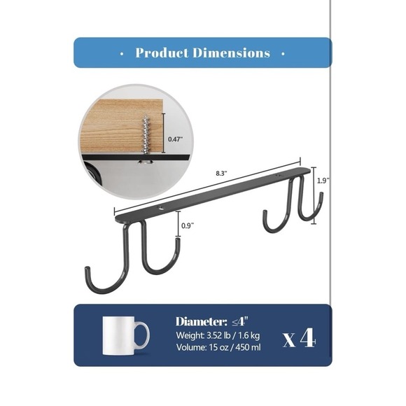 Mug Hooks Under Cabinet 3 Pack, Metal Cup Hooks for Hanging Under Shelf, Mug Org - Picture 3 of 12